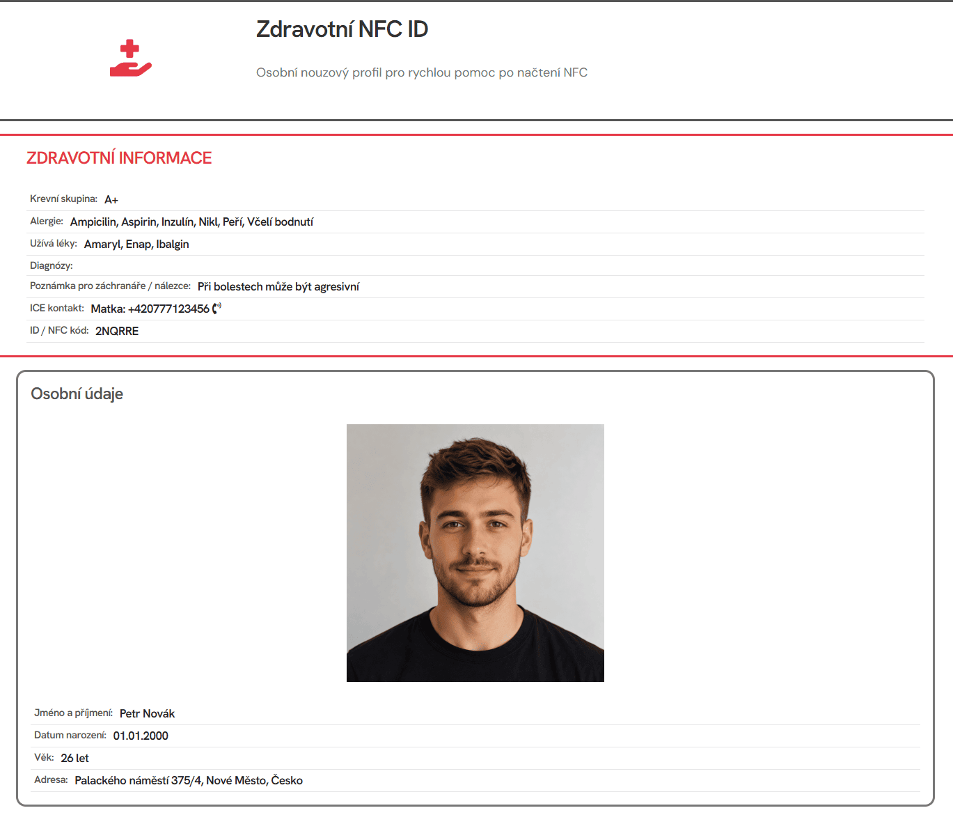Náhled klasické šablony zdravotního NFC profilu